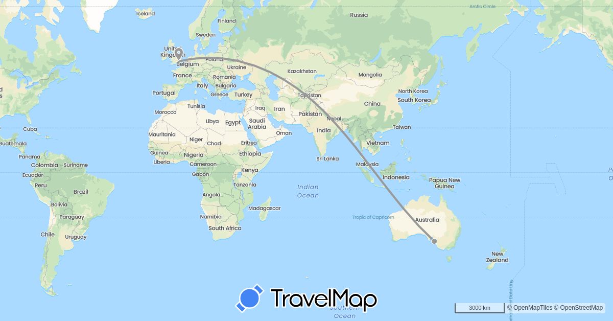 TravelMap itinerary: driving, plane in Australia, United Kingdom (Europe, Oceania)